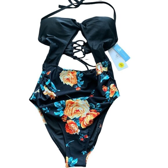 NWT Black Floral Print Halter One Piece Swimsuit Sz S #102D - Picture 6 of 12